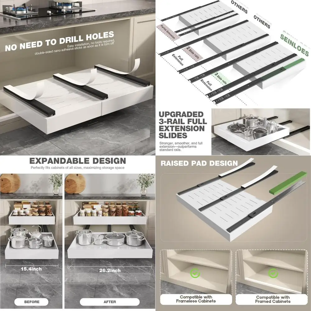 

18 Deep Expandable Roll-Out Cabinet Organizer with 3 Slide Rails, Adjustable Width, White