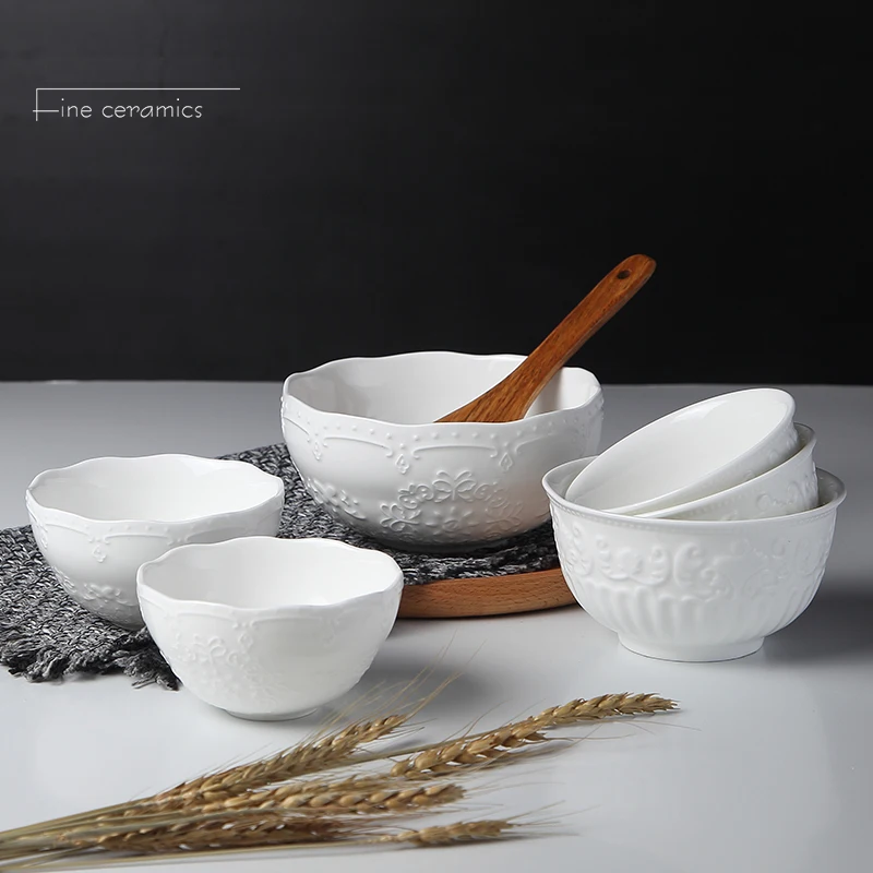 4/5/6inch, White Embossed Porcelain Salad Bowls, Ceramic Cooking Food Bowl, Japanese Rice Bowl , Kitchen Container, Small