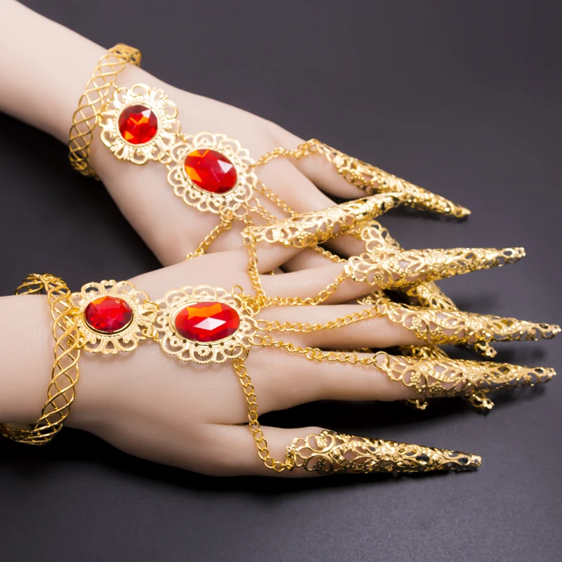 1pc India Belly Dance Bracelet Thai Golden Finger Bracelet Shining Red Crystal Girl Belly Dance Hand Jewelry Bracelet Adult Kid