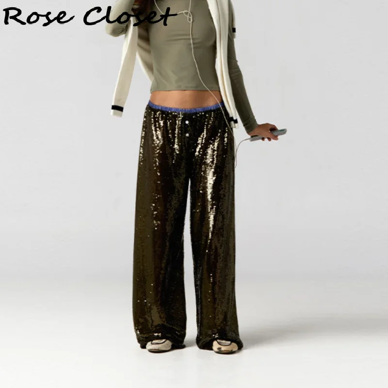 ساطع الترتر سراويل نسائية بريق المرقعة مستقيم الساق بنطلون عادية مرونة الخصر التخسيس بانت طويل 2025 سيدة جديدة بانت #2