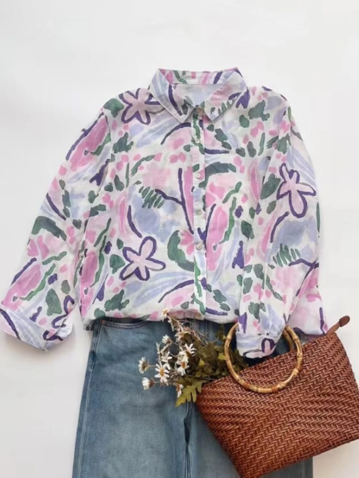 

Льняной топ с акварельным принтом, женский винтажный свободный воротник ранней осени, длинный топ све, элитный сенсационный топ