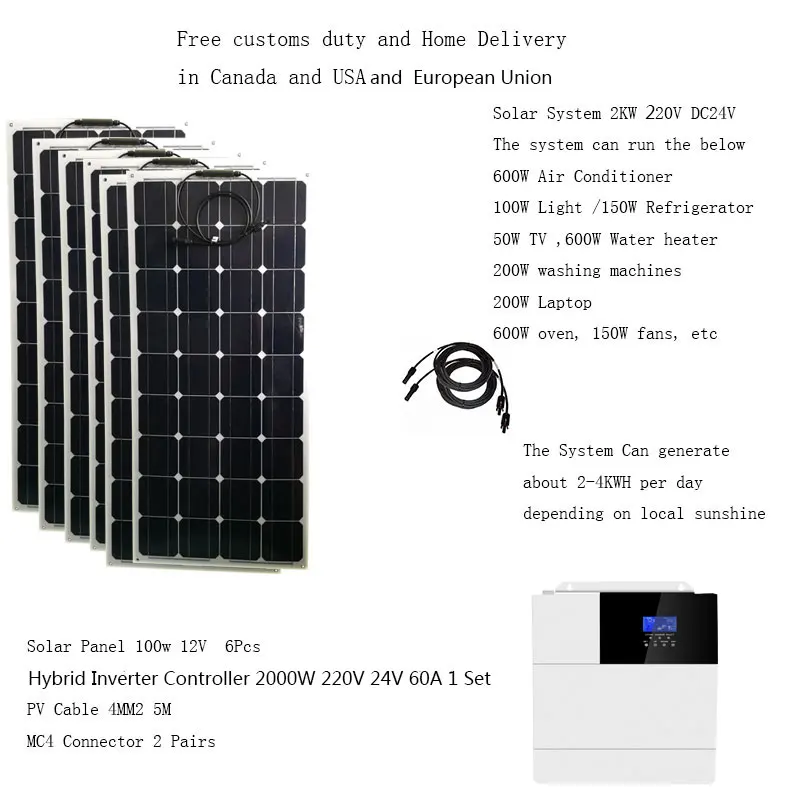 

Solar System For Home Complete Kit 2000W 2KW 220V 110V Solar Panel 100W Hybrid Inverter Off Grid System Car Caravan Camping RV