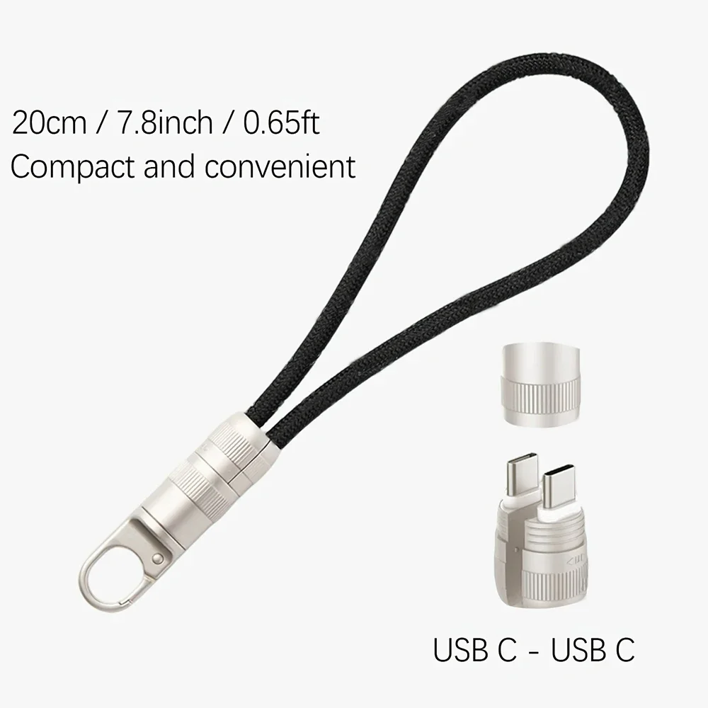 Câble de charge USB-C vers Type-C tressé portable de 20 cm avec lanière, compatible iPhone 17 et Samsung Galaxy S20, pour une charge rapide