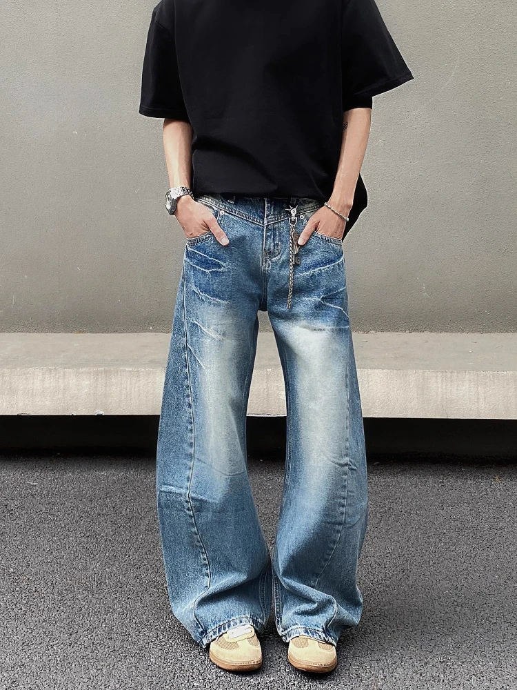 جينز رجالي أمريكي ريترو كلينفيت واسع الساق بتصميم فضفاض مناسب سروال مدبب من قماش الدنيم متعدد الخصر جينز عالي الخصر