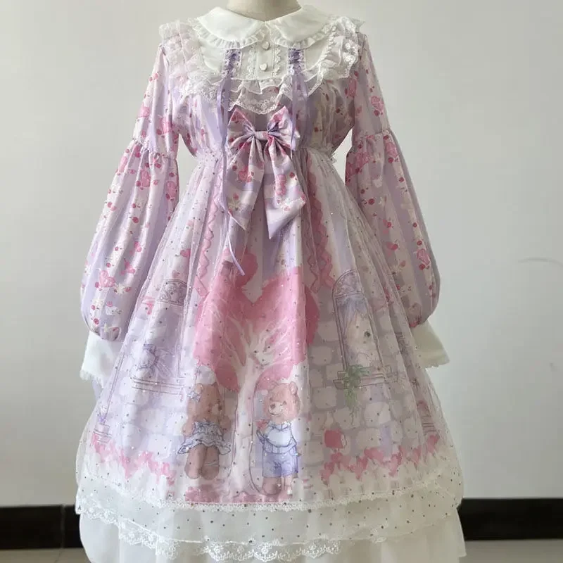 KOSAHIKI-Vestido estilo Lolita para mujer, dulce Vestido de princesa de dibujos animados, oso, hermana, Kawaii, japonés, rosa, manga larga