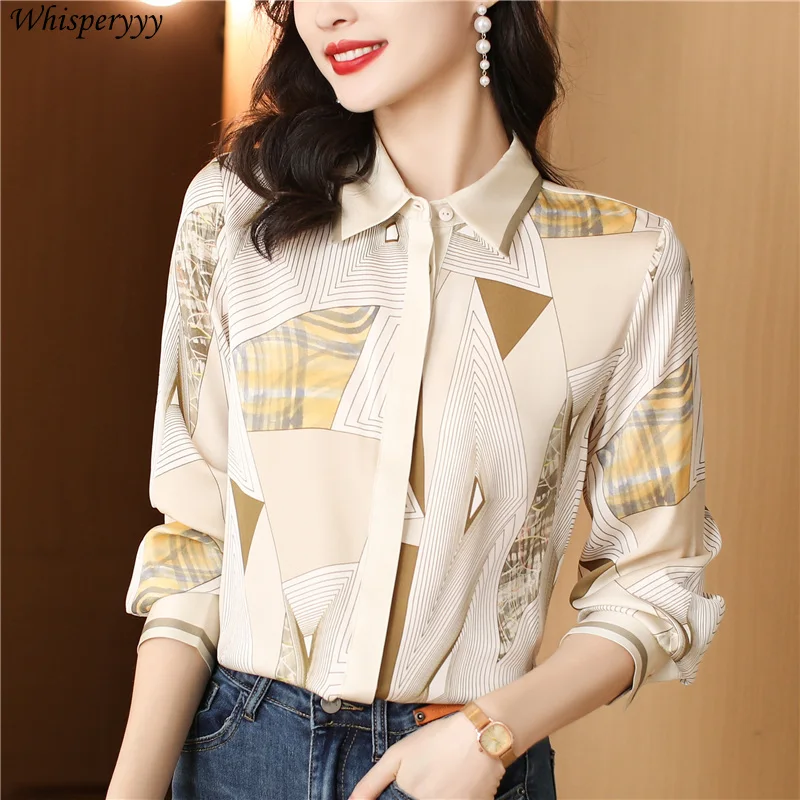 Shirt Women's Spring Long-sleeved Striped Printed Tops Design Sense  Blusas De Chifon Elegantes Button Lapel Shirt Female