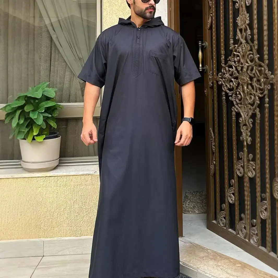 Baru 2025 Gaya Arab Sederhana Panjang Pria Berkerudung Kemeja Jubah Longgar Lengan Pendek Jubah Abaya Ramadhan Dubai Mewah Islam Elegan