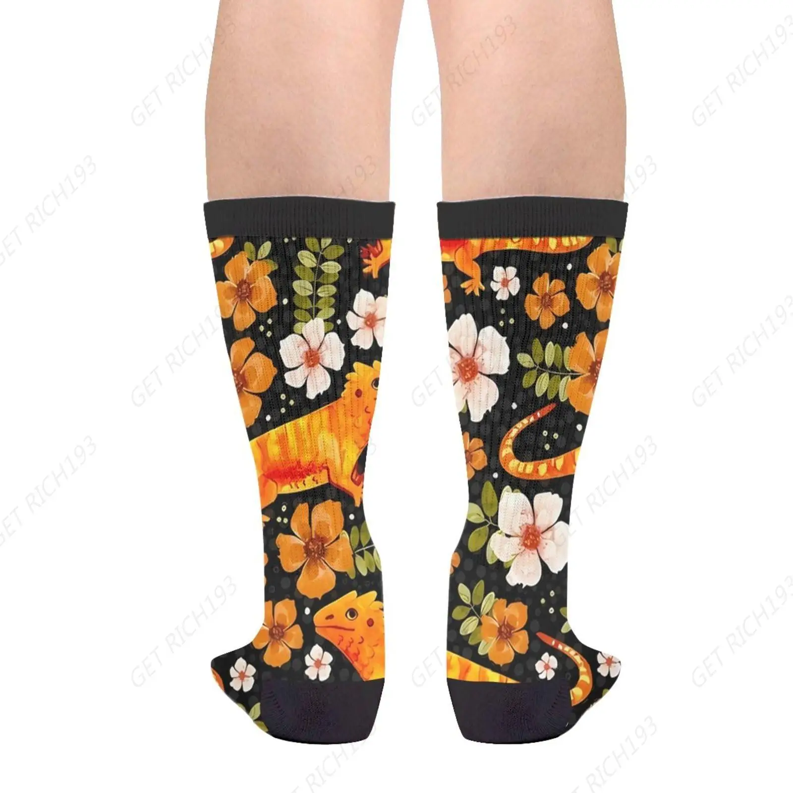 Large Scale Bearded Dragon Dragons Reptile Lizard Lover Tropical Flowers On Black Unisex Casual Funny Socks Gifts For Men Women