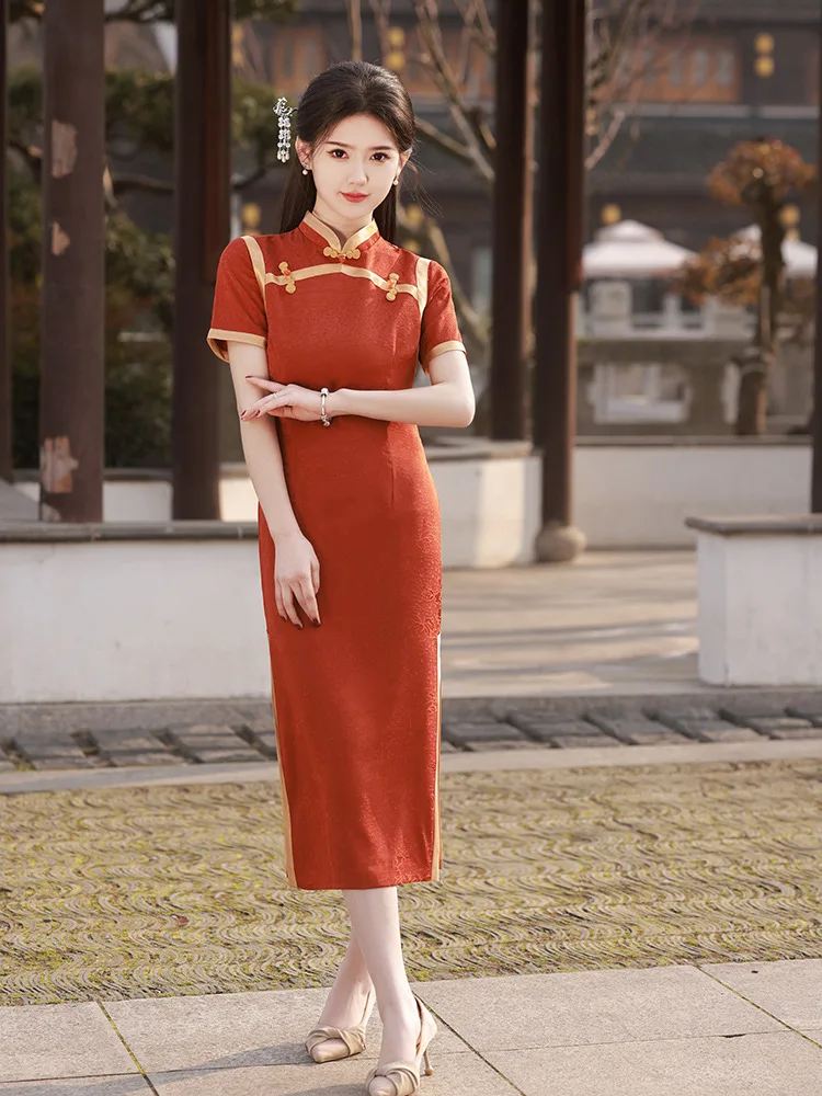 Classic Elegant Jacquard Satin Female Qipao Vintgae Mandarin Collar Cheongsam Sexy Traditional Chinese Dress