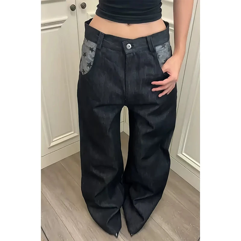 Women Black Baggy Y2k Jeans American 2000s Style Japanese Star Splice Pants Vintage Harajuku Oversize Denim Trousers