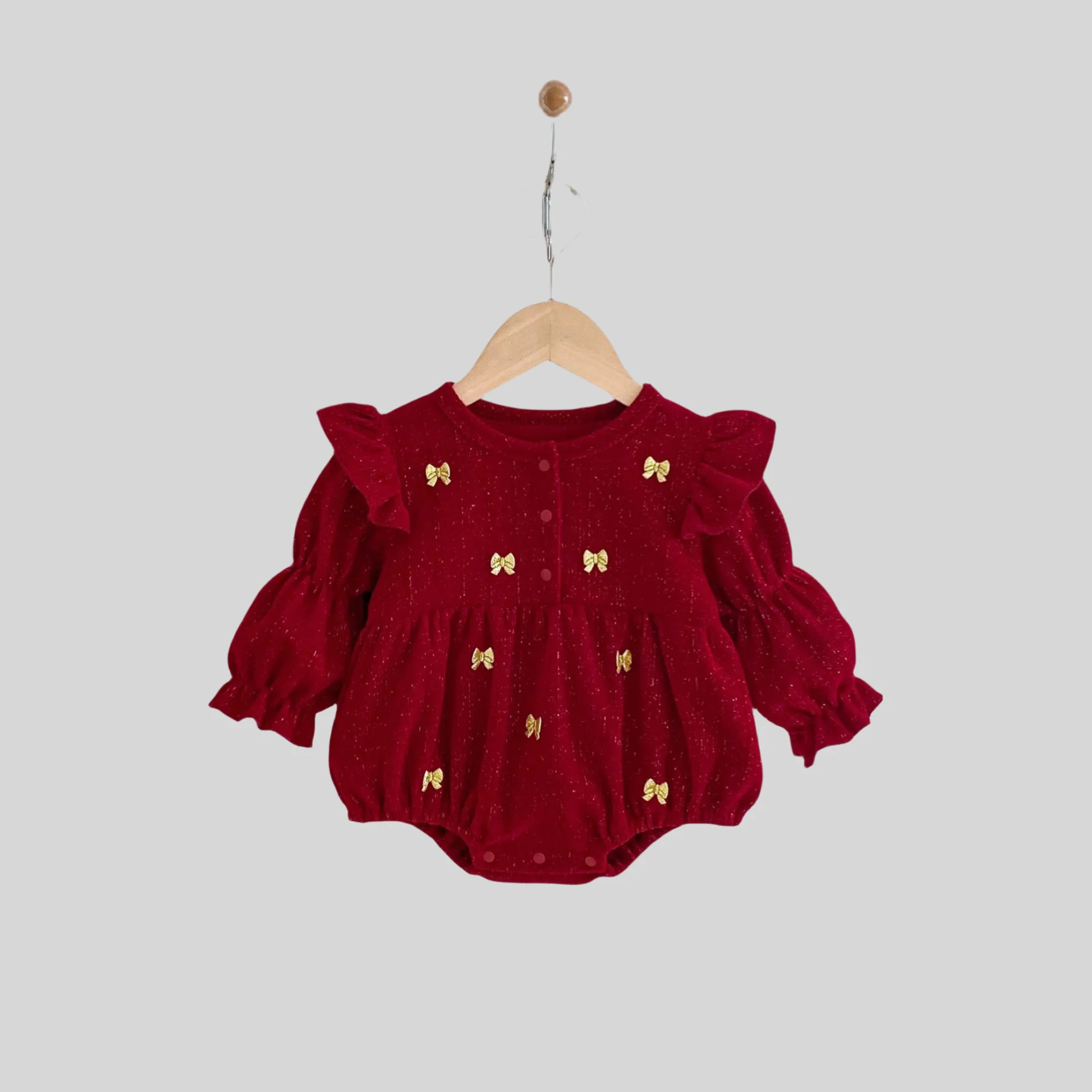 2026 Spring 0-24M Baby Girl Festive Romper Burgundy Gold Bow Ruffled Sleeve Bodysuit Birthday Party Outfit