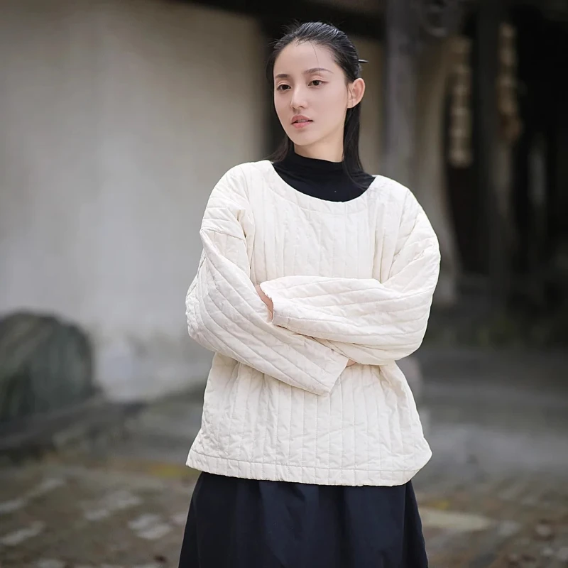 

Зимняя толстовка с хлопковой подкладкой, женская свободная толстовка с круглым вырезом для отдыха, теплый стеганый дизайн, пуловер, женские простые свободные толстовки