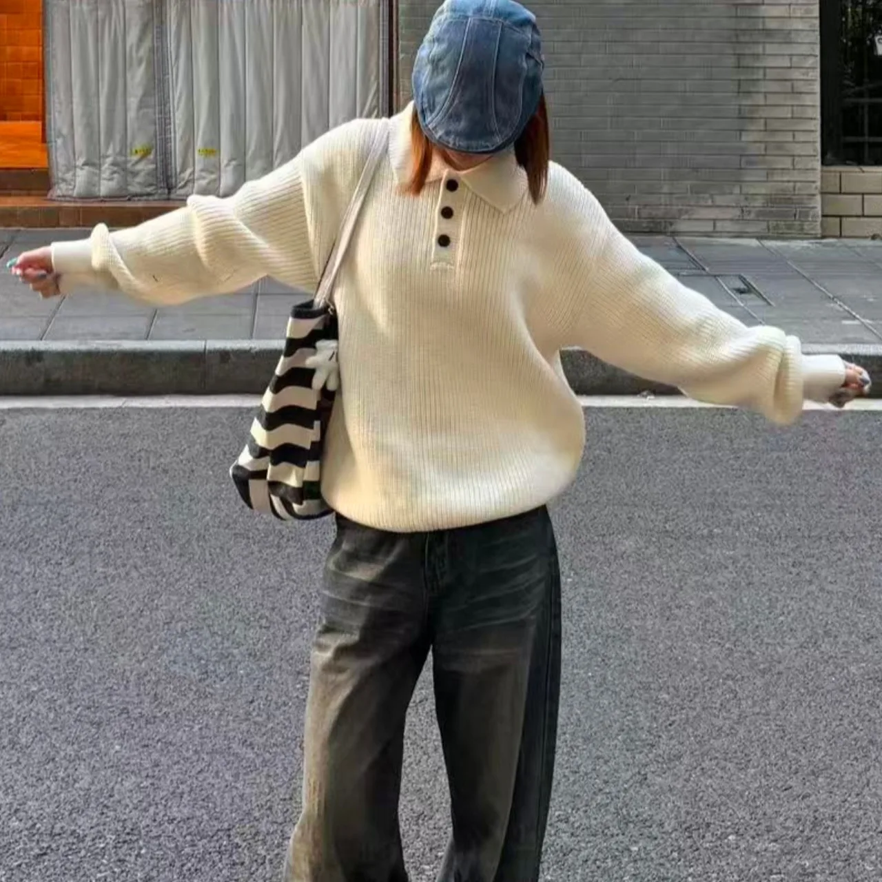 Suéter de punto elegante para mujer, prendas de vestir exteriores con sensación holgada y cuello, Faion coreano, Otoño Invierno, sensación de alta gama