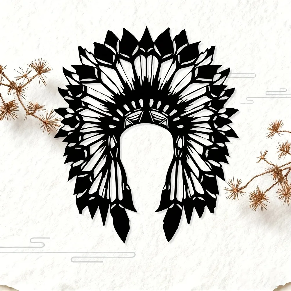 Tribal Headdress Metal Wall Art - Cultural Ethnic Mural Statue for Living Room, Powder-Coated Iron Wall Decor