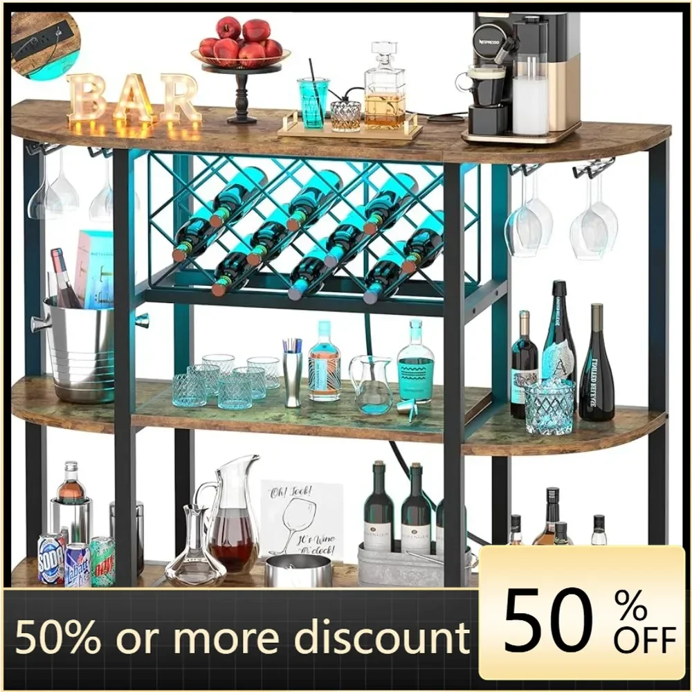 

Wood Coffee Bar Cabinet With Adjustable Wine Rack Table With Socket and LED Light FreeStanding Sideboard and Buffet Cabinet