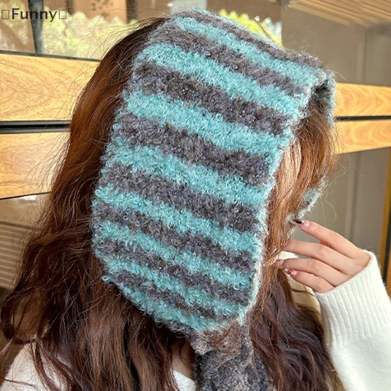 DapatFunny OrganiSmall bufanda mujer estilo coreano banda para el cuello calentador de orejas gorro de doble propósito lana tejida a rayas versátil Linda banda para el cuello