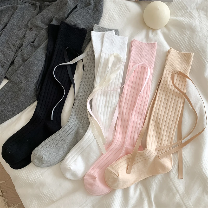 Long Women's Socks High Quality Solid Color Bow Sweet Knee High Socks Femme Brew Thin Soft Cute Ladies Stockings Striped Comfy