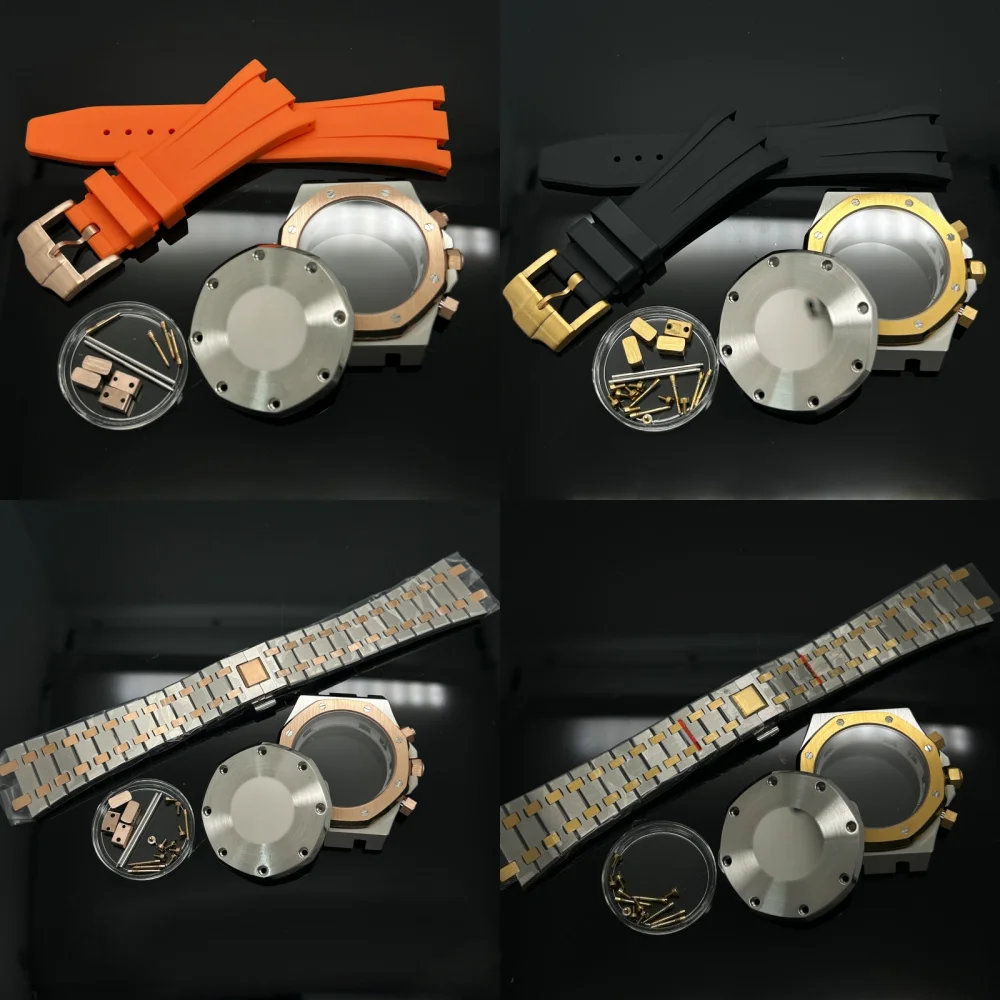 Black Rose Gold 41MM Rubber Steel Style Case Strap Watch Parts Buckle for Oak 31.8mm Dial VK63 Quartz Movement Watch Pointer Kit