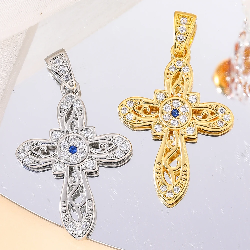 Juya 18K Real Gold Plated Micro Pave Zircon Handmade Catholic Christian Crosses Charms For DIY Religious Rosary Jewelry Making