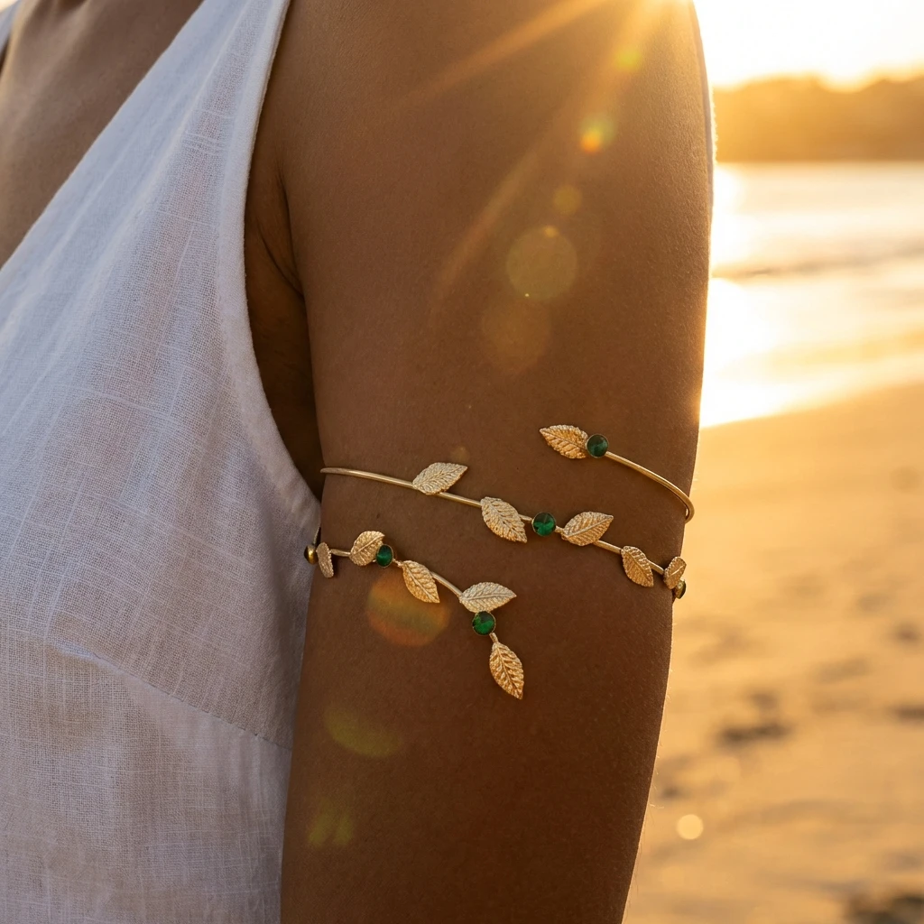 Boho Gold Color Leaf Upper Arm Cuff Bracelet for Women Vintage Crystal Green Zircon Adjustable Armlet Bangle Festival Jewelry