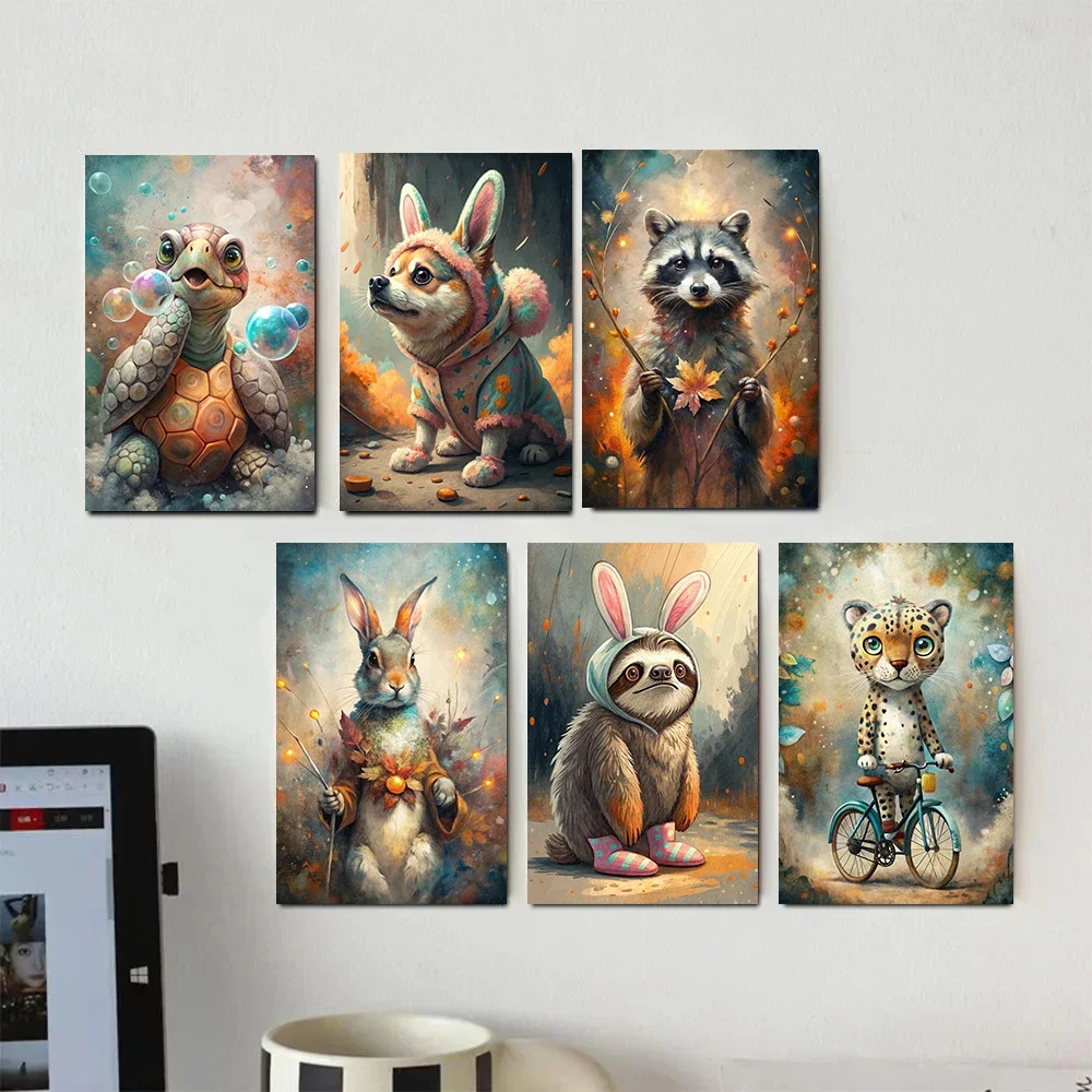 Cute Turtle with Bubbles Posters Animals Autumnal Rabbit Floral Leopard Prints Canvas Painting Wall Art Pictures Home Room Decor