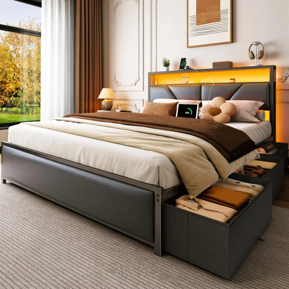 

Queen Bed Frame, 2Tier Storage Headboard amp 6 Fabric Drawers, PU Leather holstered Queen Size Platform Bed with Charging Sta