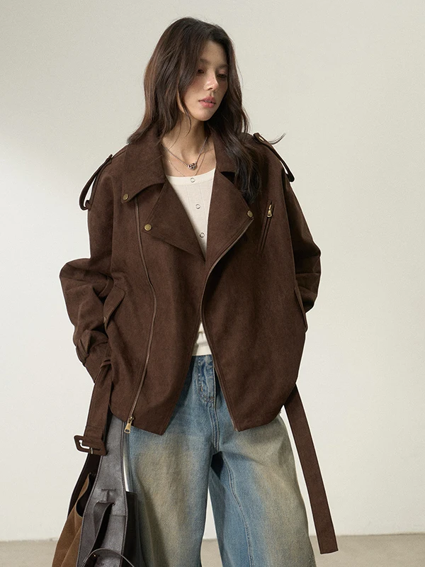 Faux Suede Short Biker Jacket Women's Autumn Winter Fleece Lined Coffee Color Leather Coat Vintage Style Long Sleeve Zipper