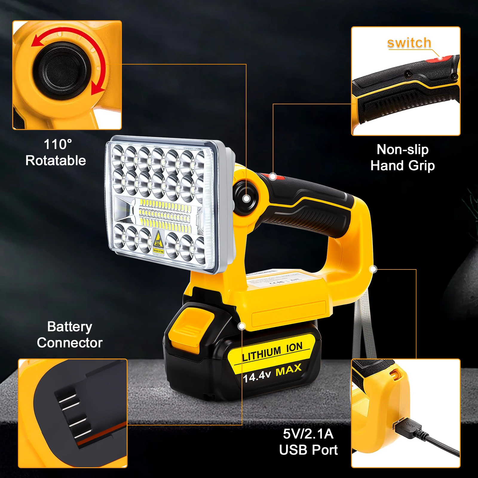 18W 2000LM Portable LED Work Light for Dewalt 14.4-20V Battery Rechargeable LED Flood Light Cordless Flashlight with USB Port