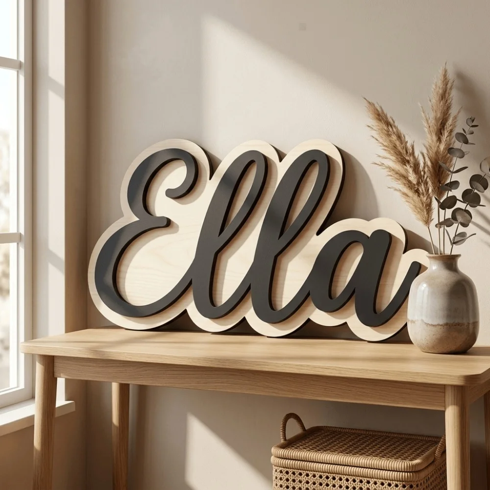Personalized Crown Wooden Name Sign,Custom Double‑Layer Wood Name Plaque, Baby Name Wall Decor for Nursery Bedroom Birthday Gift