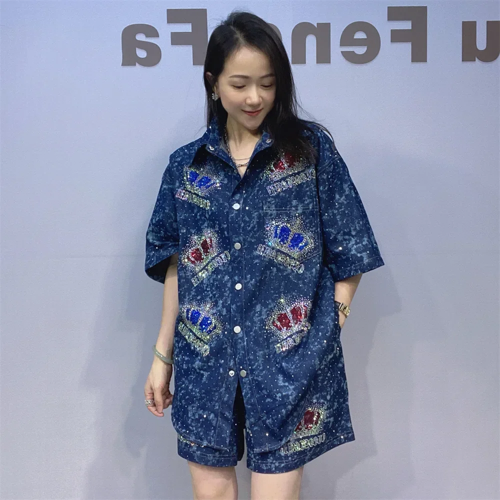 Moda 2 peça conjuntos de roupas femininas coroas brilhantes diamantes denim curto conjunto verão casual cardigan manga curta cowboy agasalho
