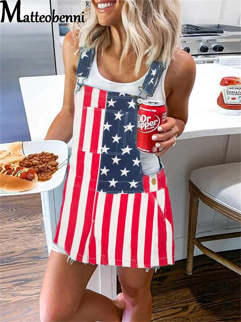 Fashion Women Summer Casual Loose Jumpsuits Patchwork Design Pockets Decor Sling Sleeveless Flower Print Denim Overalls Skirt