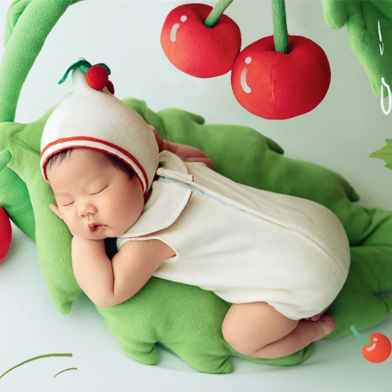 ❤️Newborn Photography Clothing Hat+Jumpsuit+Cherry Tree+Cherry+Leafage 5Pcs/Set Studio Baby Photo Props Clothes Outfits