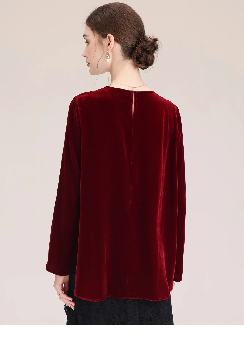 High-end Mulberry Silk Velvet Women's Long Sleeve T-shirt Original Design Wine Red Personalized Top Outdoor Casual Clothing