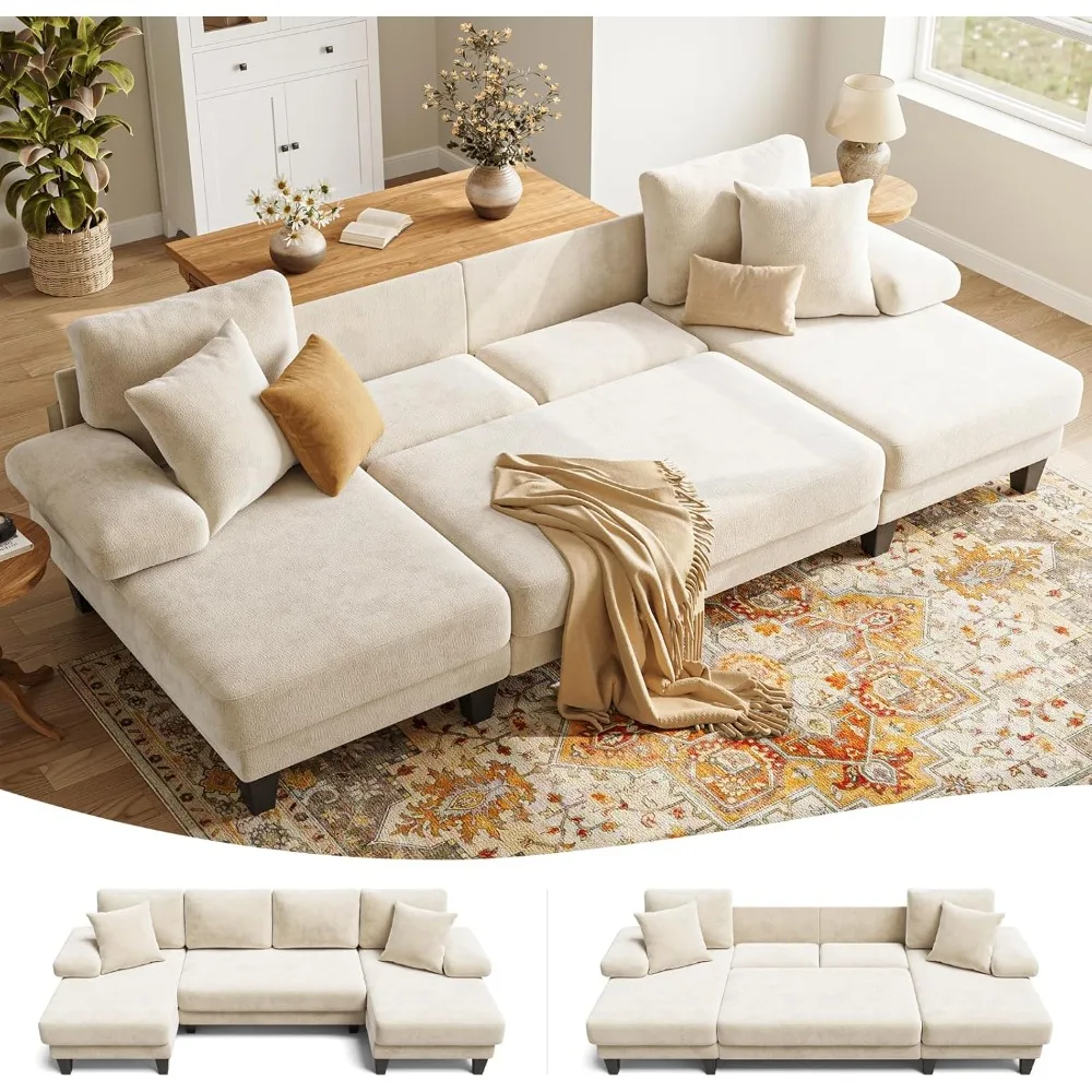 

Sleeper Sofa with Pull Out Couch Bed | 112 Inch Couches for Living Room | U-Shaped Convertible Sofa Bed | Chenille Warm White