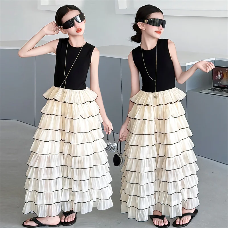 

Kids Girls Princess Dresses Sleeveless Sling Layered Skirt Tiered Dress Fashion Patchwork Children Girl Daily A-Line Party Wear