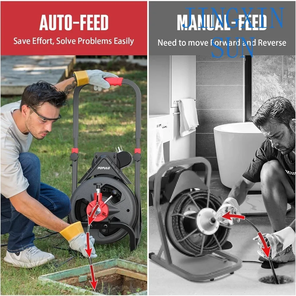 Auto Feed 50FT×1/2 Inch Electric Drain Snake With Mobile 8” Wheel,600W Drain Auger Includes 8 Cutters and Glove