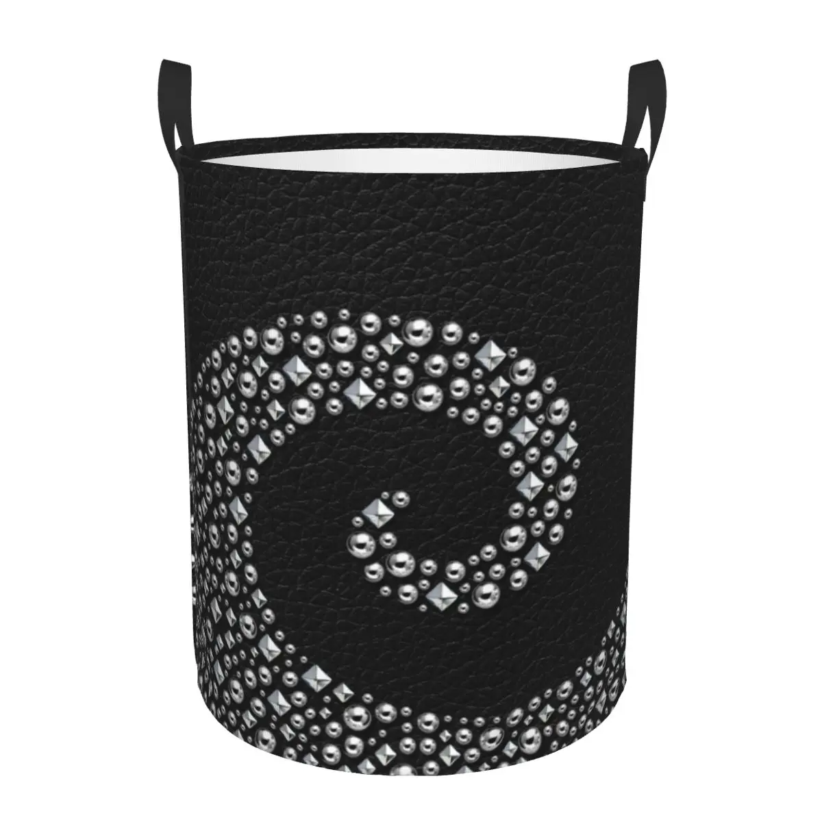 Custom Black Leather With Silver Stud Swirl Laundry Basket Collapsible Large Capacity Clothes Storage Bin Textures Baby Hamper