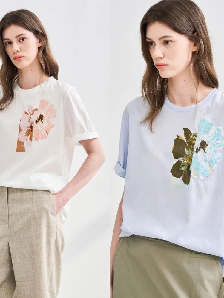 

Busy Fruit Self-kept T-irt Beautiful 3D Flower Embroidery round Ne Me Commute Versatile ort Sve Korean Sle Strai...