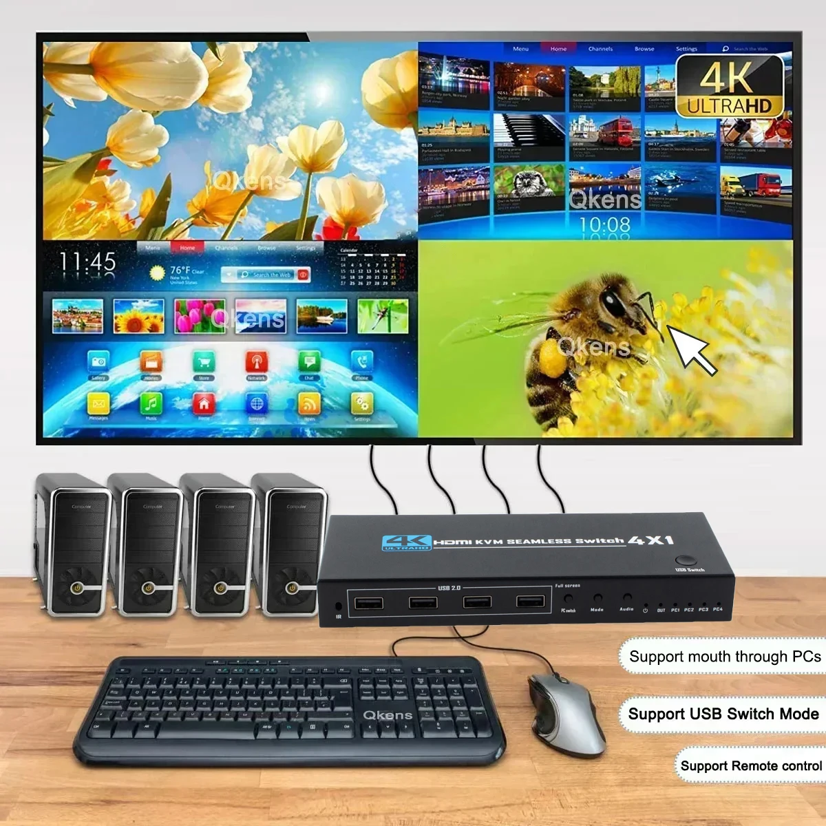 4K 4x1 HDMI KVM Multiviewer 2 3 4 Quad Screen Multi-Viewer Seamless Switch Support USB Keyboard Mouse ,mouse Through PC1 to PC4