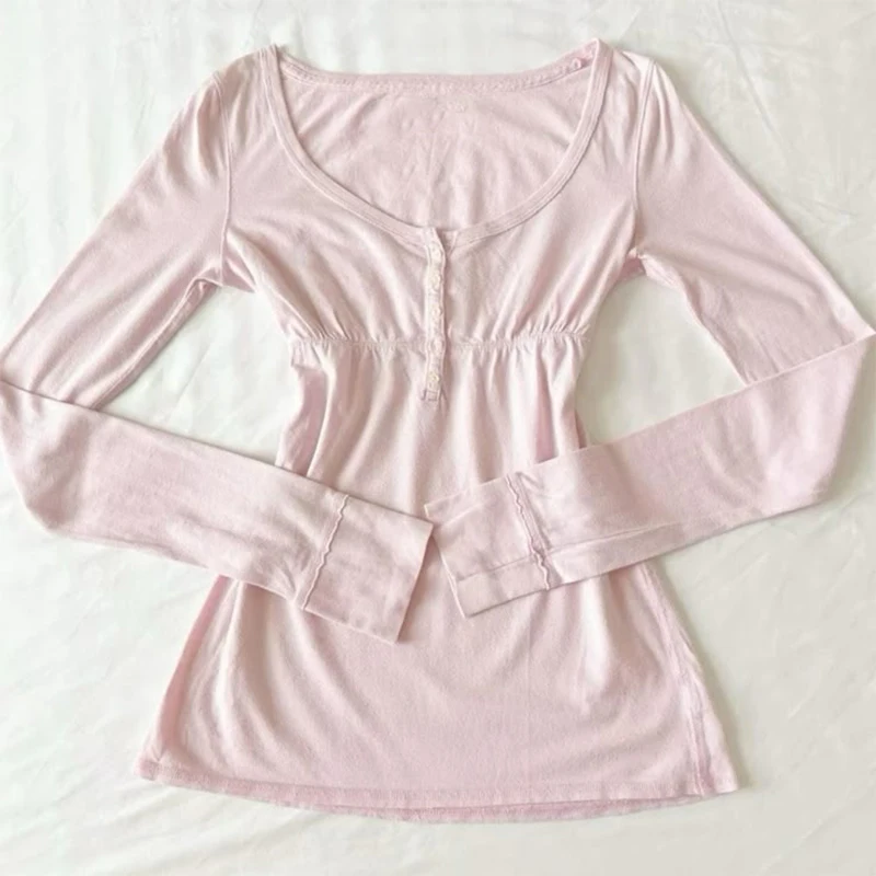 Kawaii Y2K الجمالية المرأة طويلة الأكمام تي شيرت مثير سليم شيك عادية بلون زر أسفل القمم الحلو لطيف جرلي الشارع الشهير