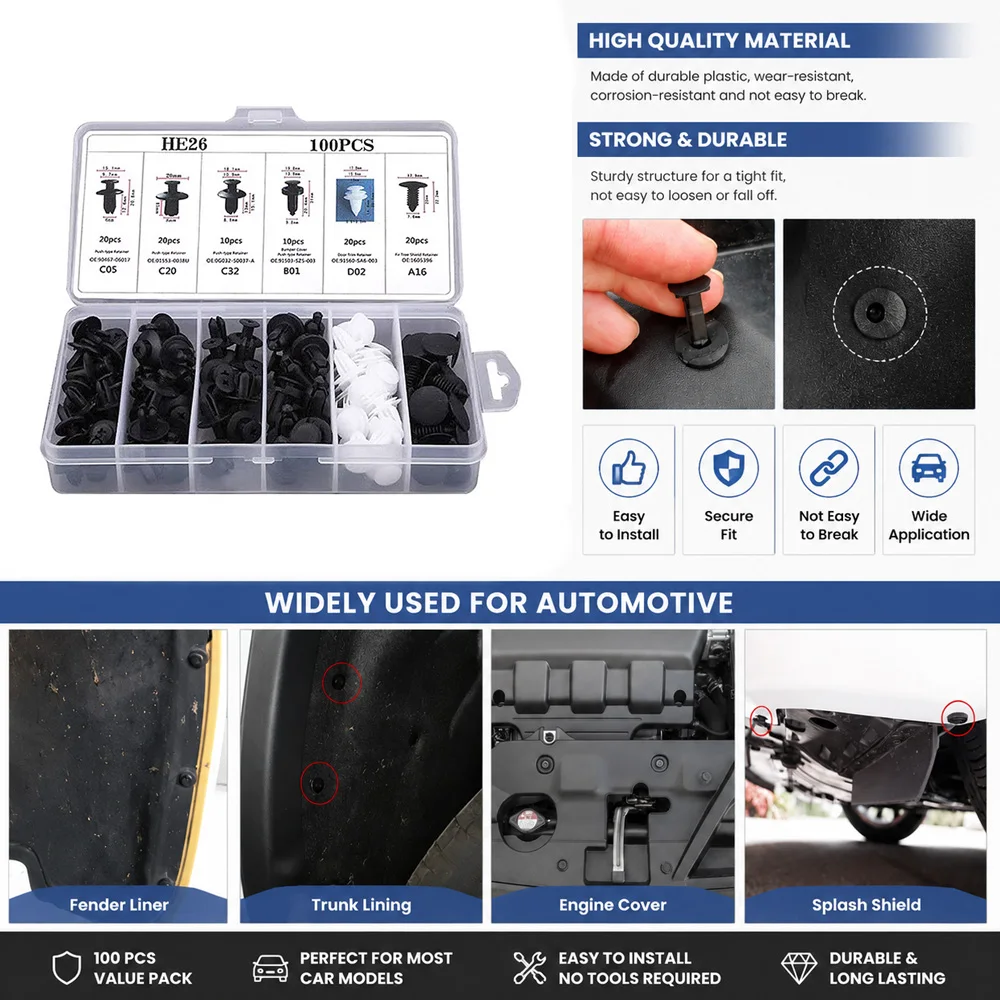 Kcimo Assorted 100Pcs Auto Body Plastic Push Clips Universal Bumper Fender Retainer Rivets Car Interior Exterior Repair Kit