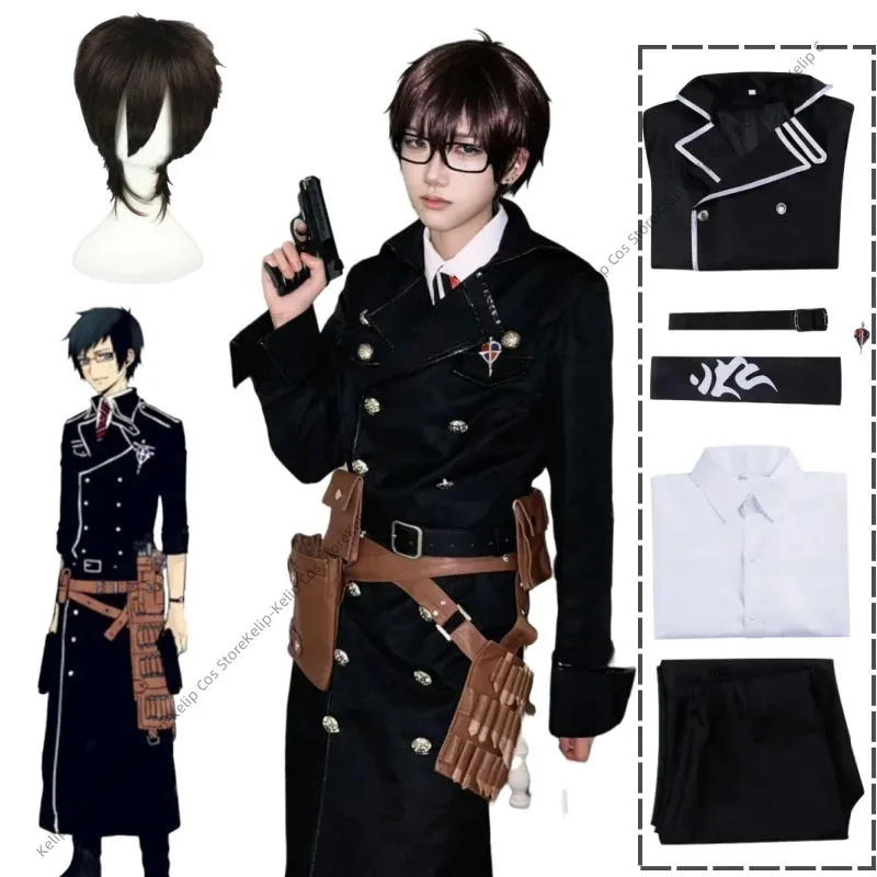 LQAnime-Disfraz de exorcista azul Okumura Yukio, gabardina larga negra, camisa, uniforme, peluca, traje de Carnaval de Halloween para hombre adulto