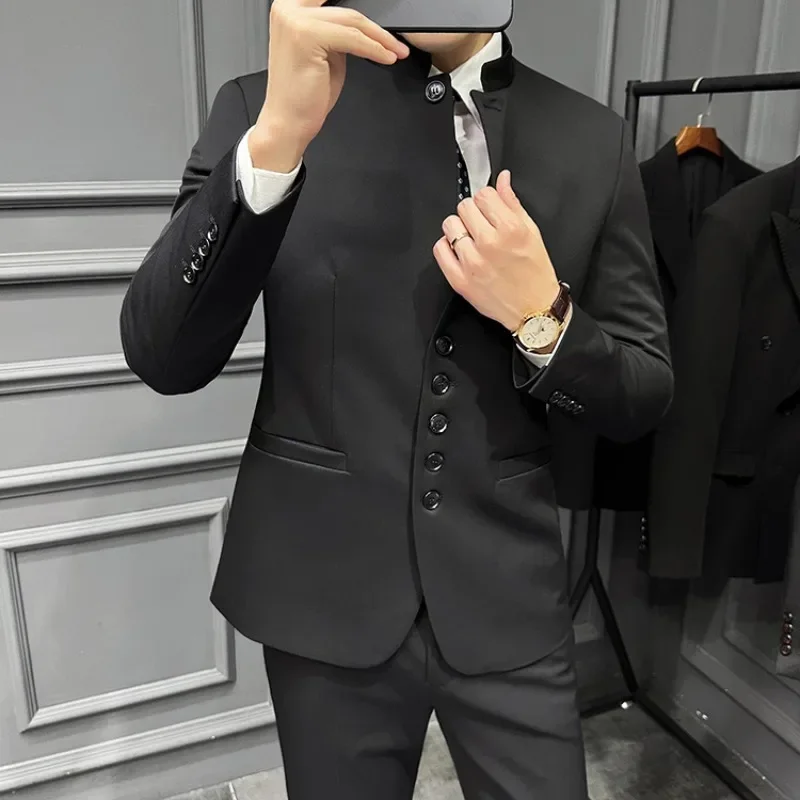 Chinese Style Stand Collar Three Piece Suit Men's (Jacket+vest+Pants) Casual Business Dress Suits Office Work Prom Men Clothing