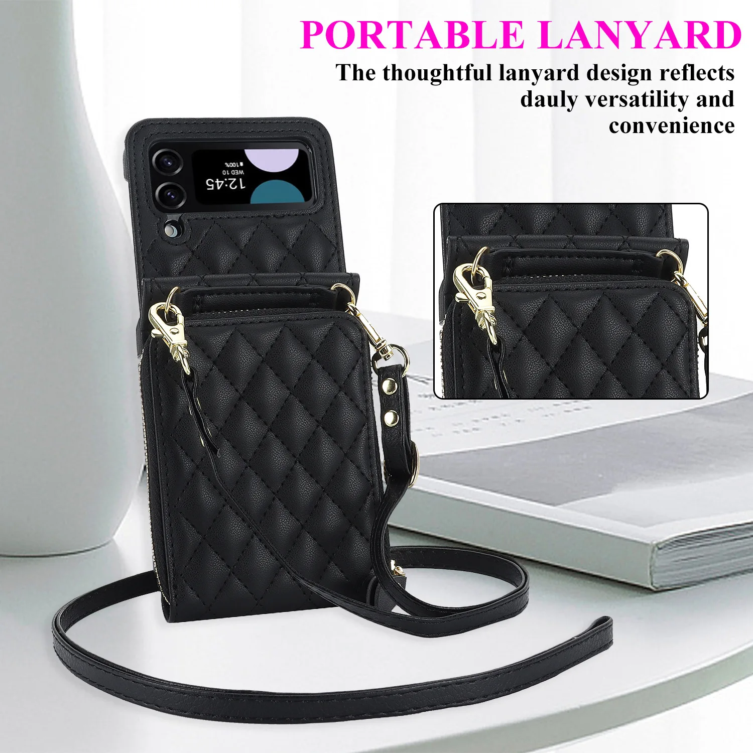 

ZFlip7 Чехол-кошелек с ромбовидным узором и держателем для карт на молнии для Samsung Galaxy Z Flip 7, 6, 5, 4, 3, чехол из искусственной кожи с ремешком через плечо