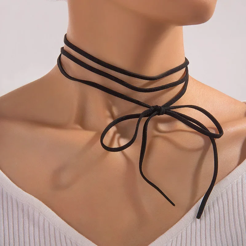 Punk Goth Black Velvet Big Bowknot Pendant Chokers Necklace for Women 145cm Weave Knotted Bow Adjustable Chain New Year Jewelry
