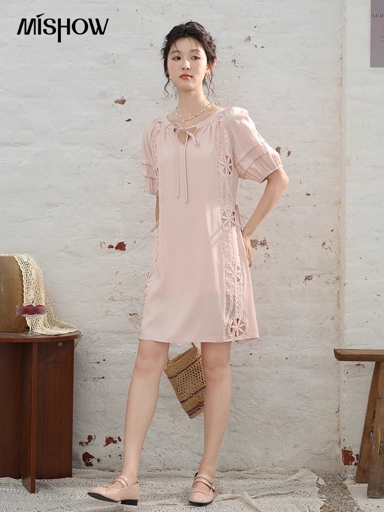 MISHOW Vacation Tea Break Sweet Dress 2024 Summer French Temperament Hollowed Out Dresses Embroidered Lace-up Dress MXD30L1950