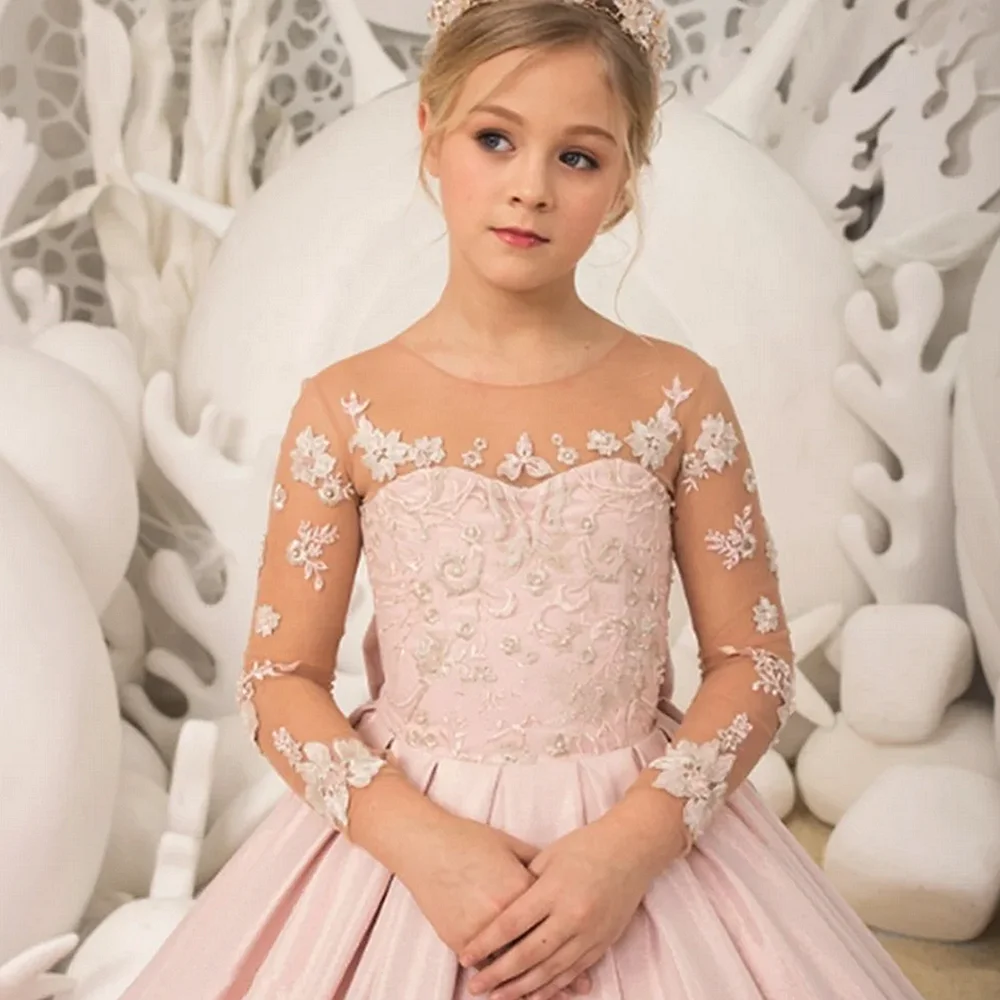 Rosa Blumen mädchen kleider mit Schleife, langem Tüll, Gold applikationen, Prinzessin Hochzeit Geburtstags feier kleid, Kinder wettbewerb Ballkleider