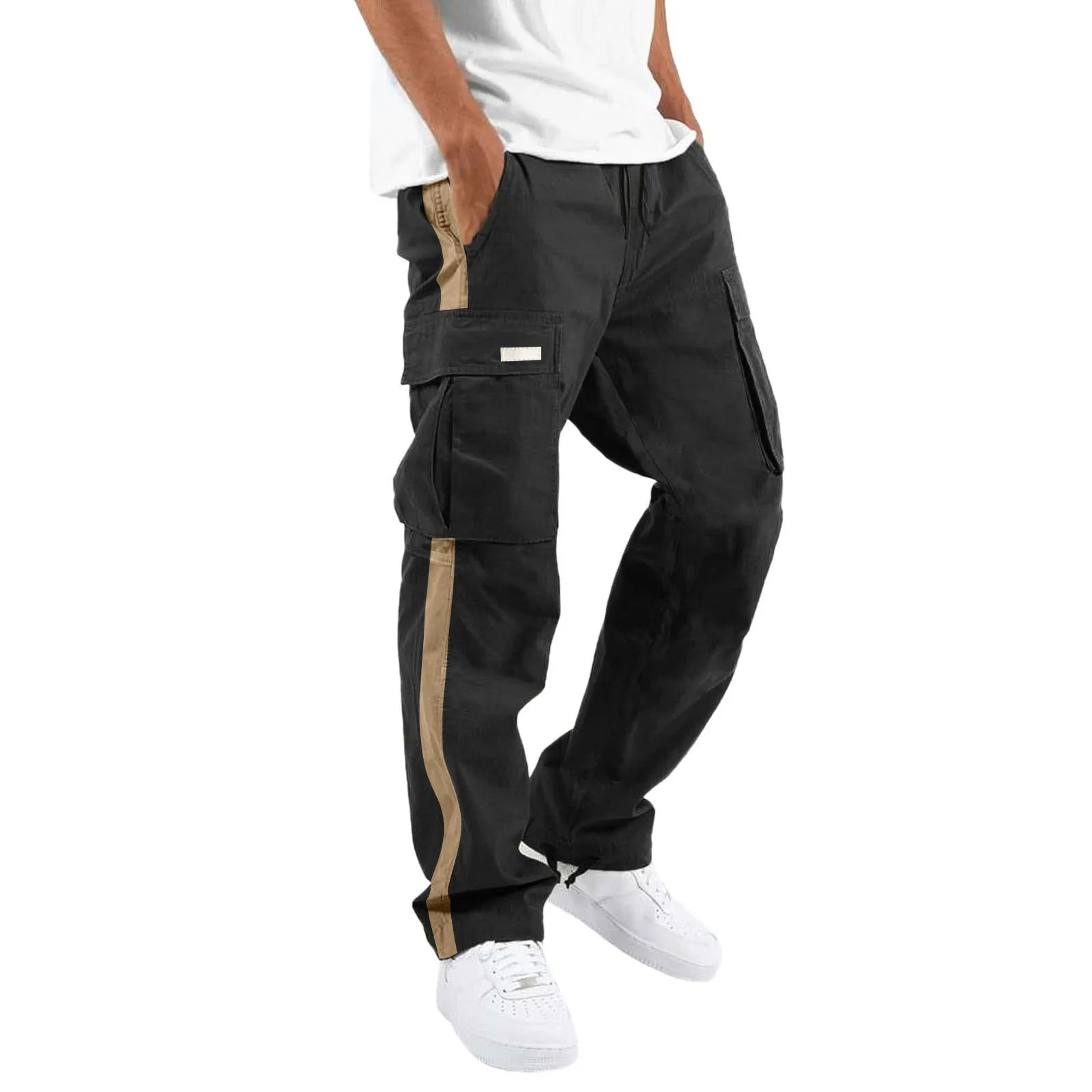 

Men's Cargo Pants Casual Hip Hop Hit Color Multiple Pockets Trousers Streetwear Ribbons Summer Male Cotton Sportswear Trousers