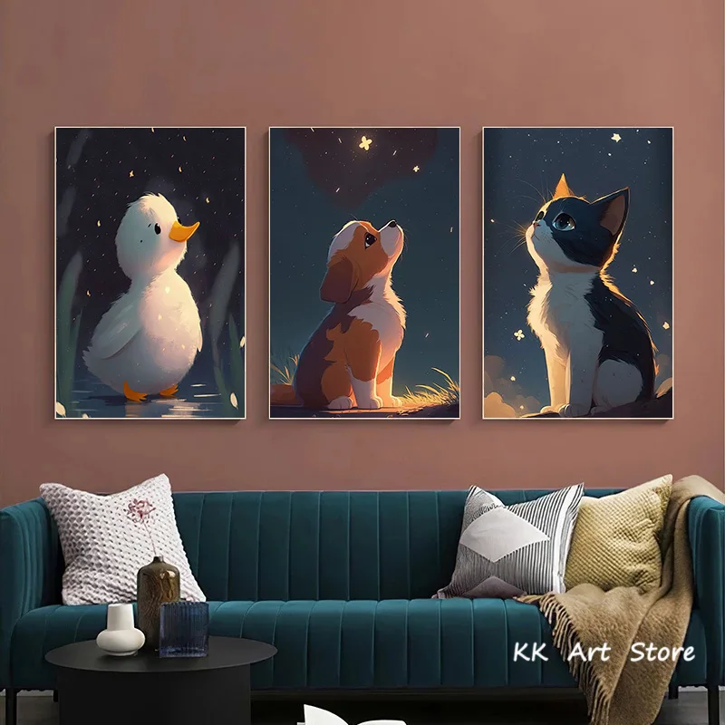 Cute Animal Canvas Painting Cat Dog Poster Under The Stars HD Printing Modern Wall Art Pictures Living Room Bedroom Decor