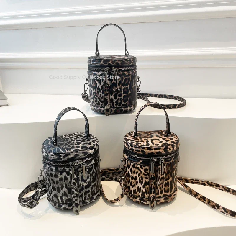 Bolso tejido Vintage para mujer, Mini bolso cruzado de cuero PU de leopardo 2025 para mujer, bolso de cubo redondo con cremallera, bolsos de mensajero